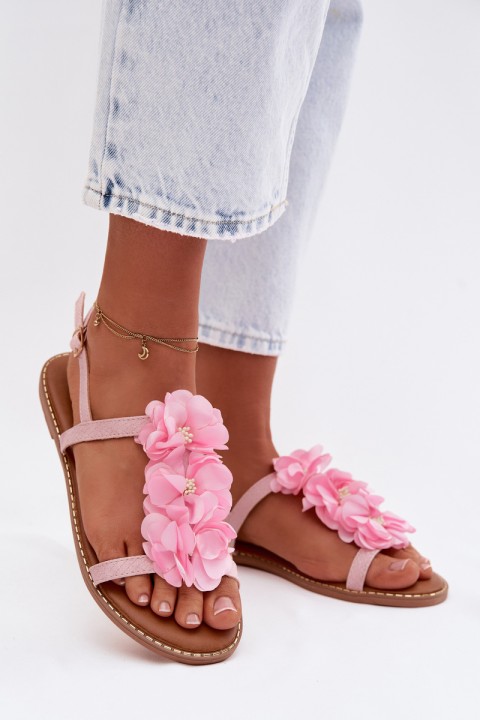 Women's Flat Pink Sandals With Decorative Flowers Noemia