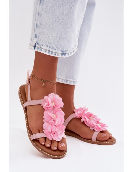 Women's Flat Pink Sandals With Decorative Flowers Noemia
