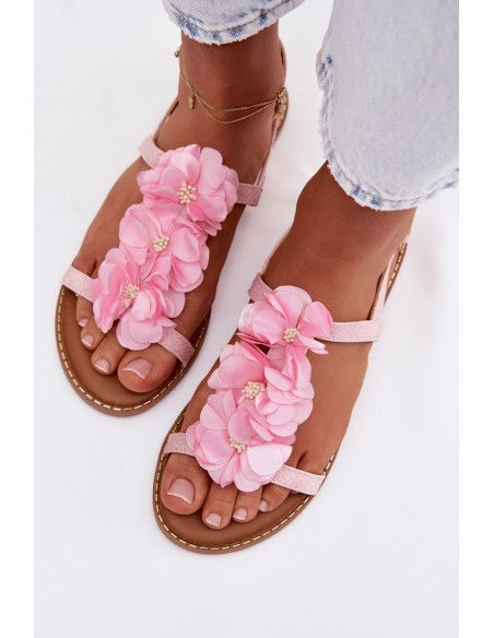 Women's Flat Pink Sandals With Decorative Flowers Noemia