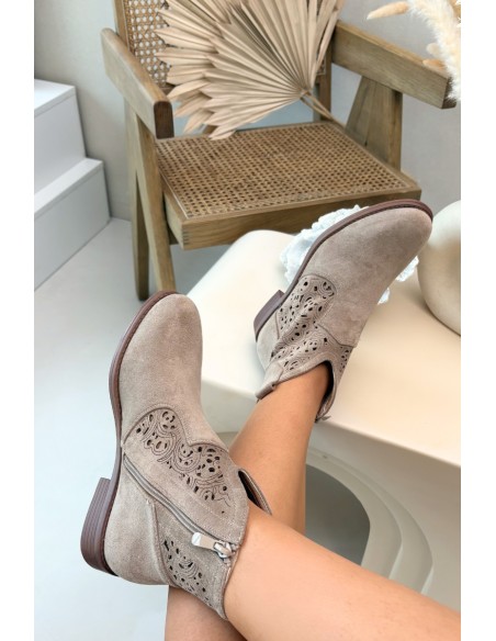 Women's Perforated Ankle Boots With Flat Heel S.Barski HY61-8026 Beige