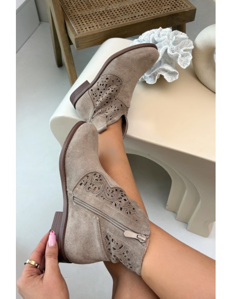 Women's Perforated Ankle Boots With Flat Heel S.Barski HY61-8026 Beige