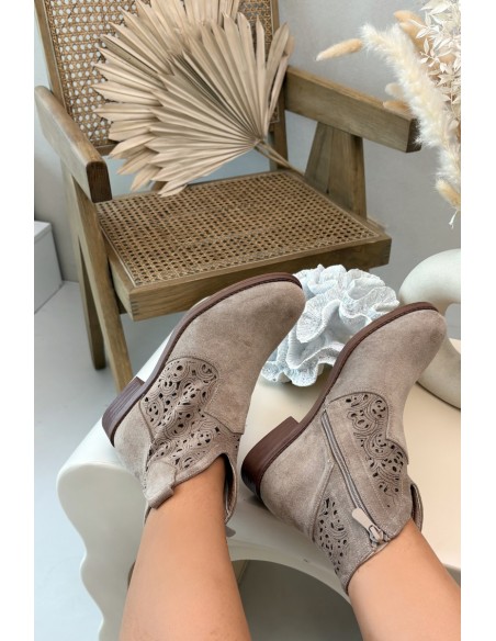 Women's Perforated Ankle Boots With Flat Heel S.Barski HY61-8026 Beige