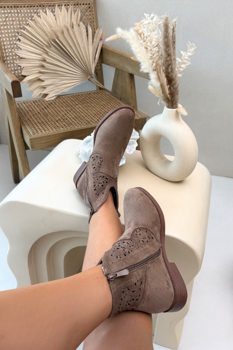 Women's Perforated Ankle Boots With Flat Heel S.Barski HY61-8026 Brown