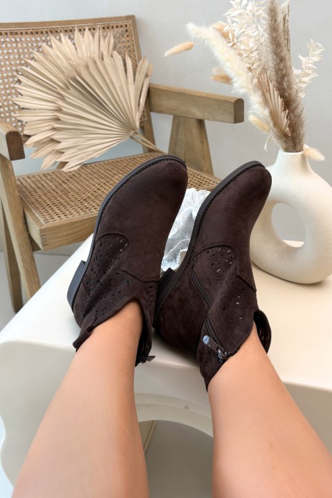 Women's Openwork Ankle Boots With Flat Heel S.Barski HY61-8026 Chocolate