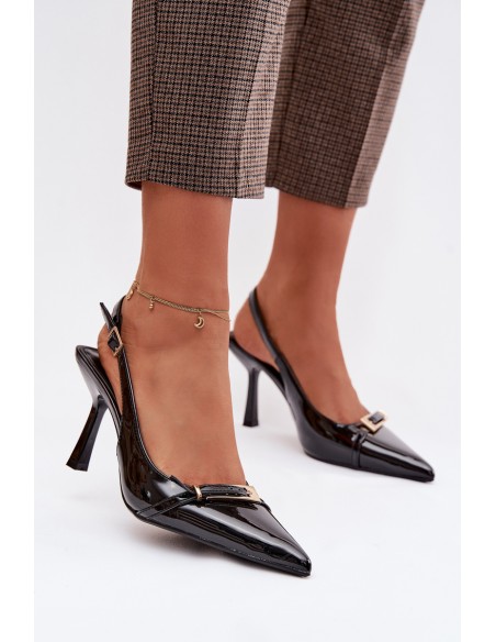 Patent Leather Women's High Heel Sandals With Gold Buckle Black Bellivra
