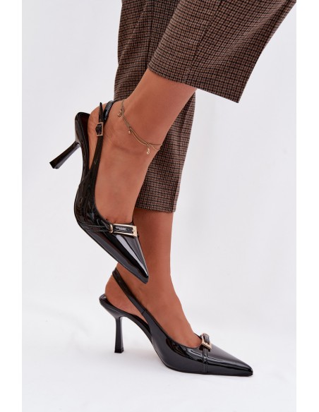 Patent Leather Women's High Heel Sandals With Gold Buckle Black Bellivra