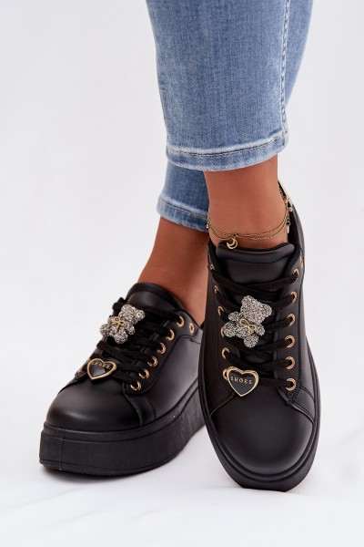 Women's Platform Sneakers With Buckles Bear Heart Black Selorissa