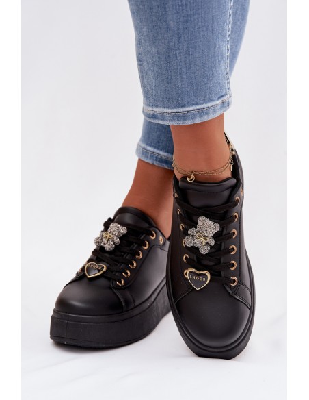 Women's Platform Sneakers With Buckles Bear Heart Black Selorissa