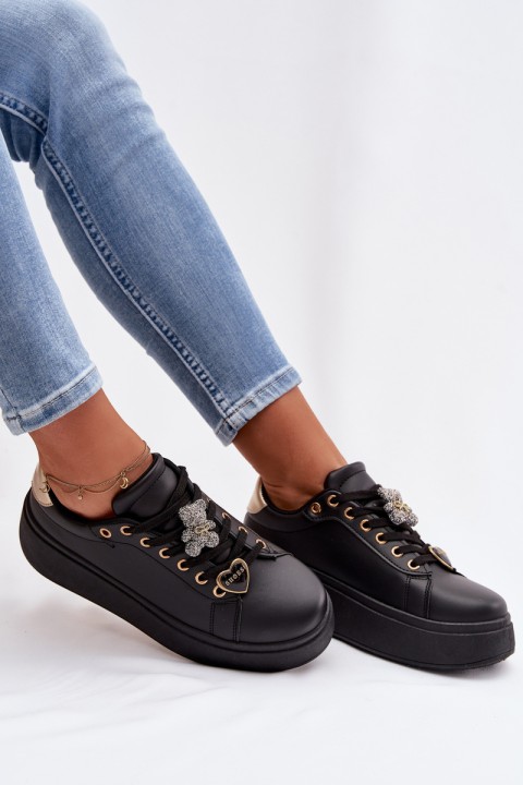 Women's Platform Sneakers With Buckles Bear Heart Black Selorissa