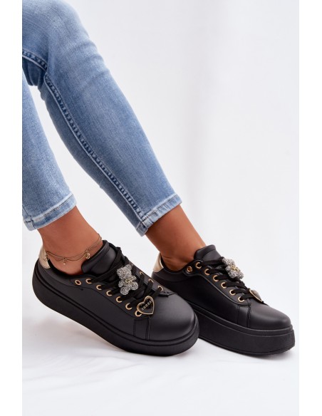 Women's Platform Sneakers With Buckles Bear Heart Black Selorissa