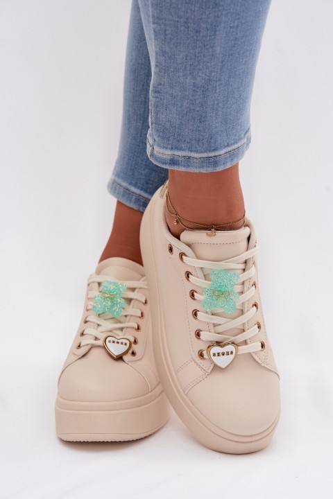 Women's Platform Sneakers With Pins Bear Heart Beige Selorissa