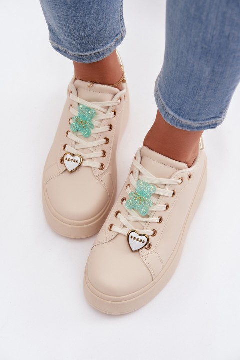 Women's Platform Sneakers With Pins Bear Heart Beige Selorissa