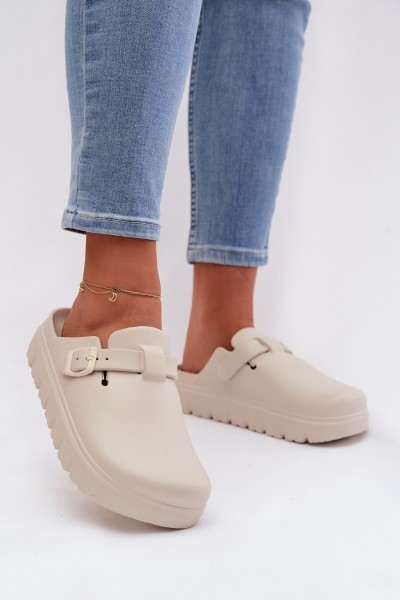 Women's Foam Slides With Strap and Buckle Beige Larinie