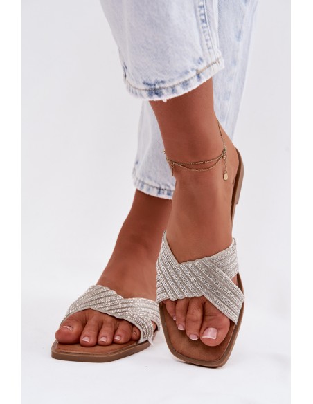 Women's Flat Silver Crystal Slides Zinnia