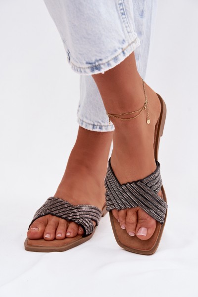 Women's Flat Heeled Crystal Black Slides Zinnia