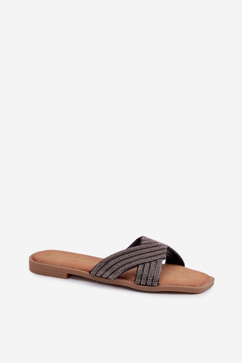 Women's Flat Heeled Crystal Black Slides Zinnia