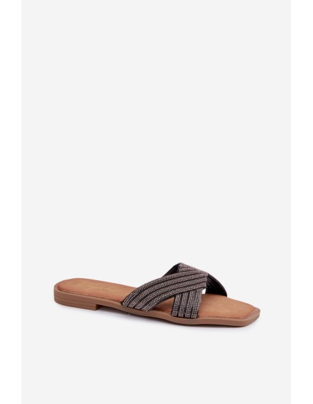 Women's Flat Heeled Crystal Black Slides Zinnia