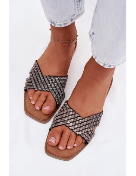 Women's Flat Heeled Crystal Black Slides Zinnia