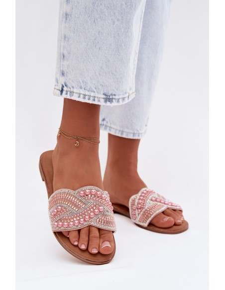 Decorated Women's Flat Pink Slides Dovima
