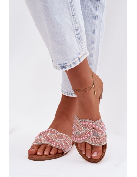 Decorated Women's Flat Pink Slides Dovima