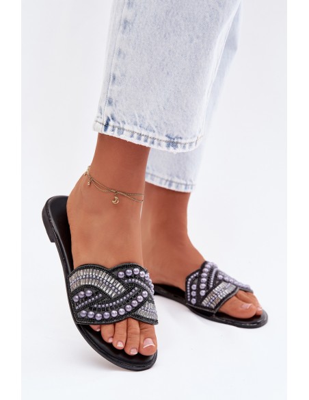 Embellished Flat Black Slides Dovima