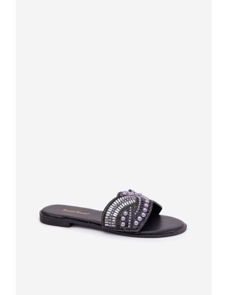 Embellished Flat Black Slides Dovima