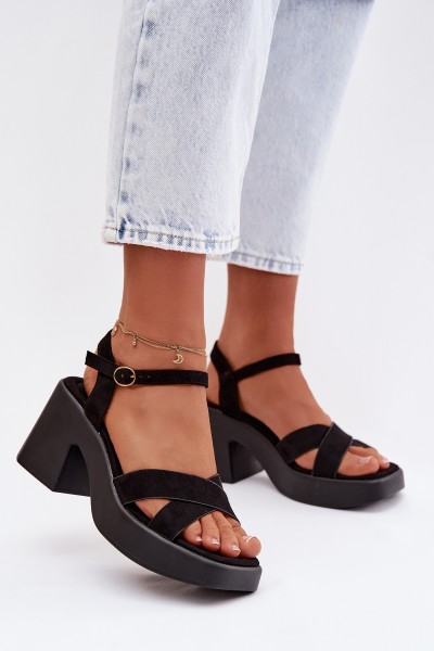 Women's Chunky Heel Sandals Made of Eco Suede Black Tereza