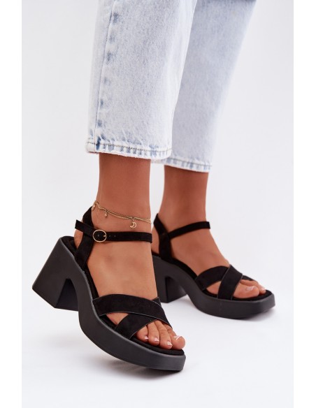 Women's Chunky Heel Sandals Made of Eco Suede Black Tereza