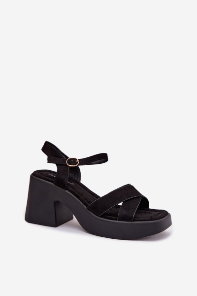 Women's Chunky Heel Sandals Made of Eco Suede Black Tereza 2