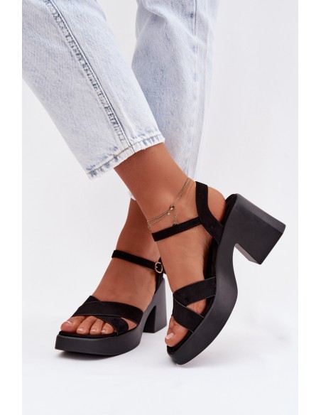 Women's Chunky Heel Sandals Made of Eco Suede Black Tereza