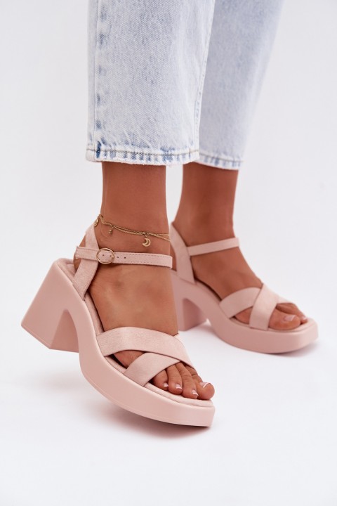 Women's Chunky Heel Sandals Made of Eco Suede Light Pink Tereza