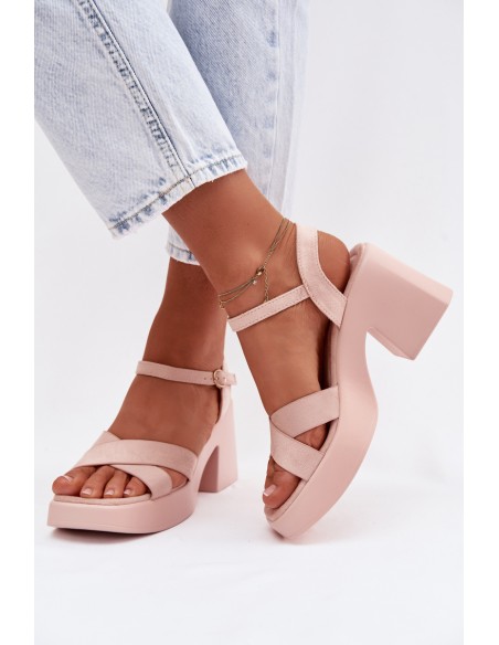 Women's Chunky Heel Sandals Made of Eco Suede Light Pink Tereza