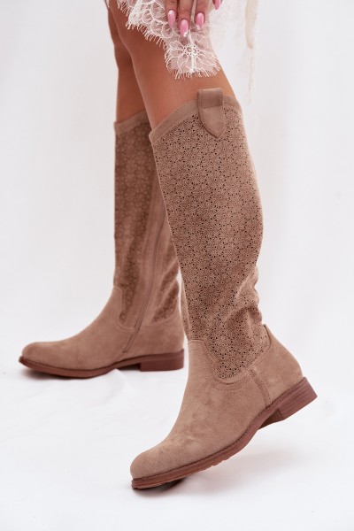 Women's Ankle Boots With Lace Pattern On Flat Heel S.Barski HY61-8022 Beige