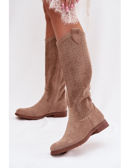 Women's Ankle Boots With Lace Pattern On Flat Heel S.Barski HY61-8022 Beige