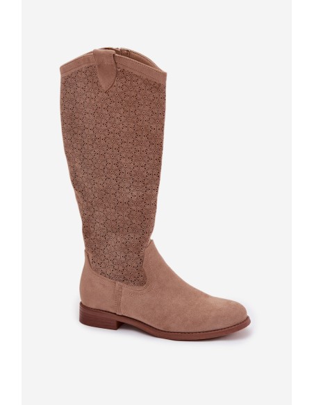 Women's Ankle Boots With Lace Pattern On Flat Heel S.Barski HY61-8022 Beige