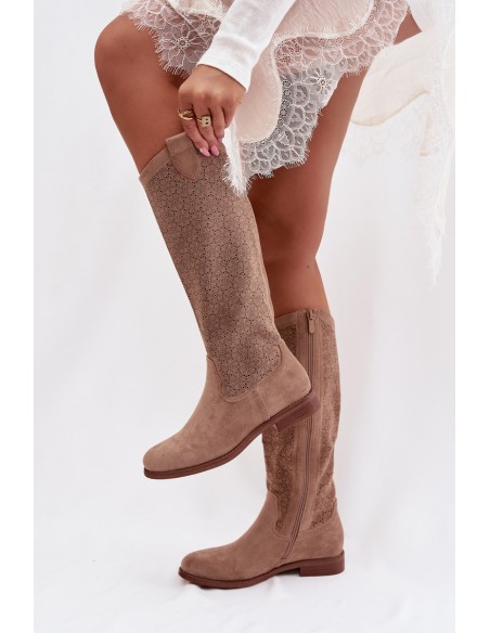 Women's Ankle Boots With Lace Pattern On Flat Heel S.Barski HY61-8022 Beige