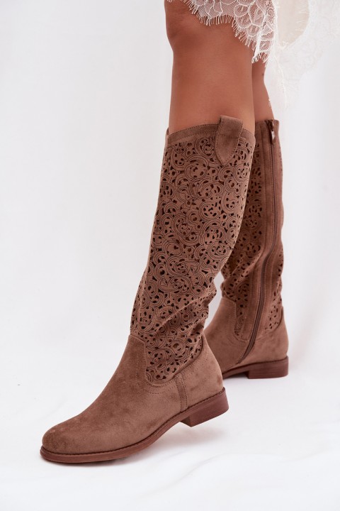 Women's Perforated Ankle Boots With Flat Heel S.Barski HY61-8023 Brown