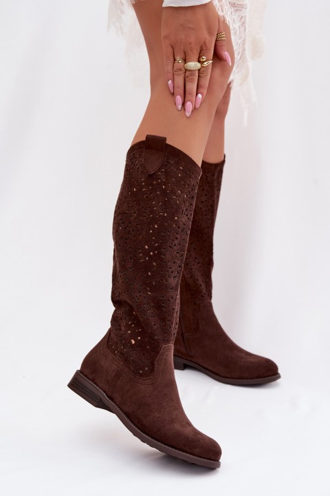 Women's Openwork Flat Heel Boots S.Barski HY61-8023 Chocolate