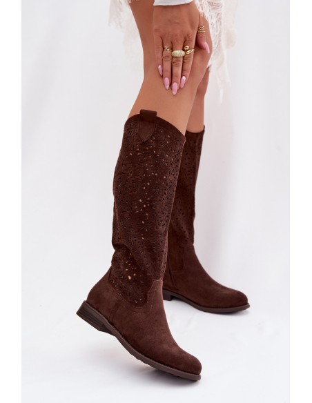 Women's Openwork Flat Heel Boots S.Barski HY61-8023 Chocolate