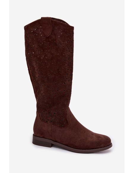 Women's Openwork Flat Heel Boots S.Barski HY61-8023 Chocolate