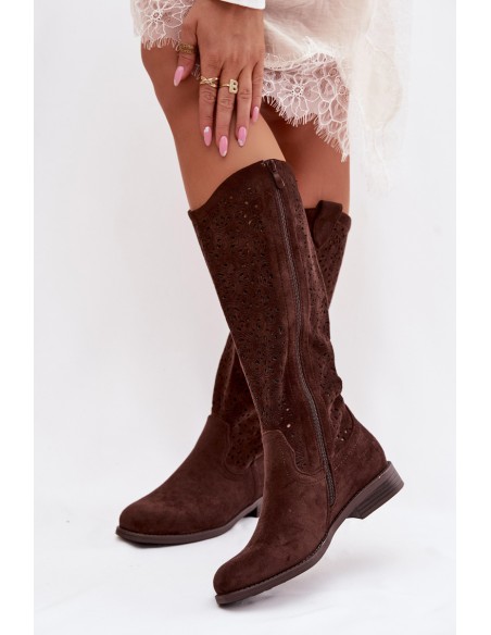 Women's Openwork Flat Heel Boots S.Barski HY61-8023 Chocolate