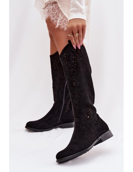 Women's Openwork Boots With Flat Heel S.Barski HY61-8023 Black