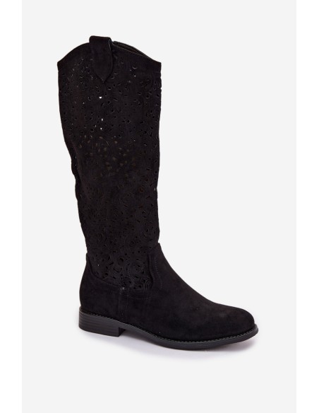 Women's Openwork Boots With Flat Heel S.Barski HY61-8023 Black