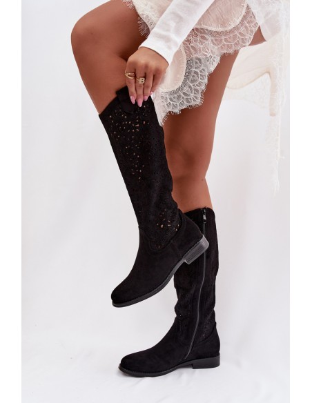 Women's Openwork Boots With Flat Heel S.Barski HY61-8023 Black