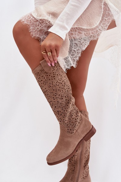 Women's Openwork Flat Heel Boots S.Barski HY61-8023 Beige