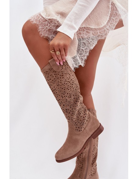 Women's Openwork Flat Heel Boots S.Barski HY61-8023 Beige