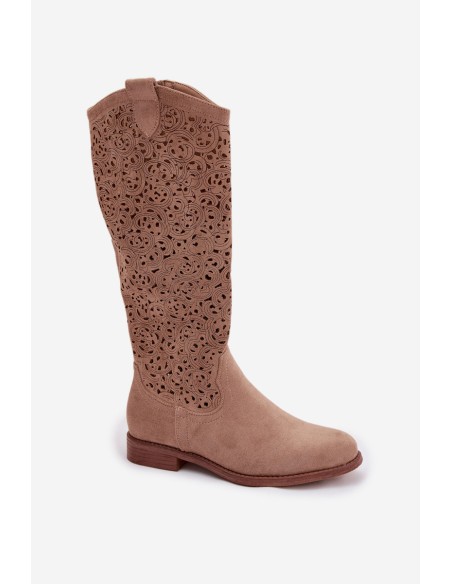 Women's Openwork Flat Heel Boots S.Barski HY61-8023 Beige