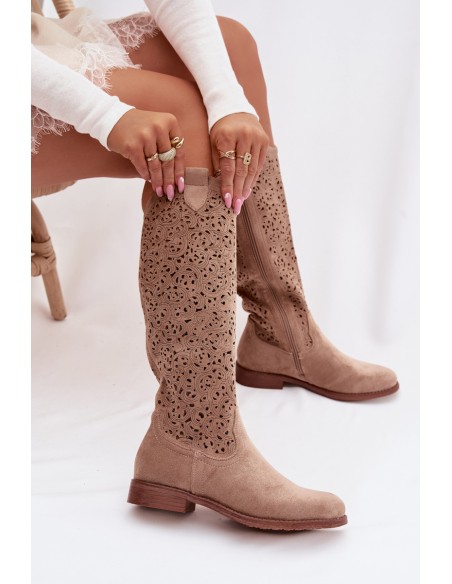 Women's Openwork Flat Heel Boots S.Barski HY61-8023 Beige