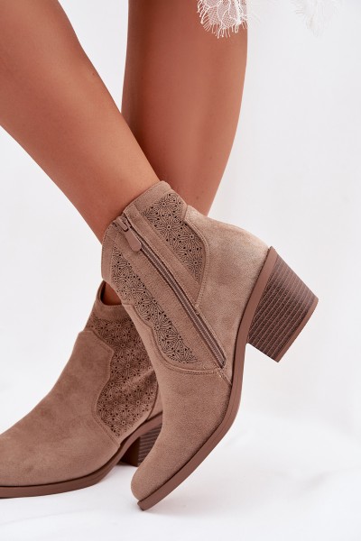 Women's Perforated Ankle Boots With Heel S.Barski HY61-8013 Beige