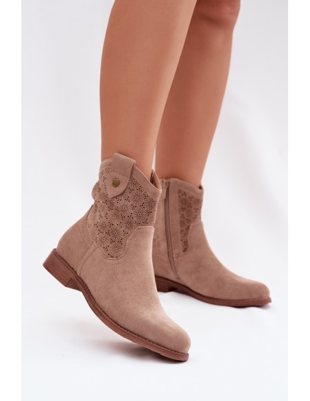 Women's Flat Heel Ankle Boots With Openwork Pattern S.Barski HY61-8025 Beige